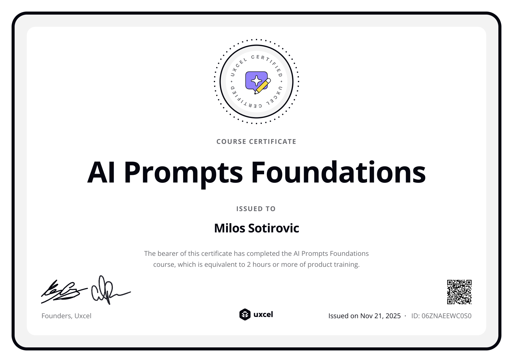 Milos Sotirovic's certificate